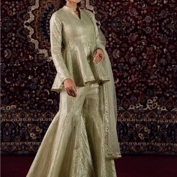 NWT Embroidered Light Olive Green Peplum Sharara Set - Picture 1 of 4